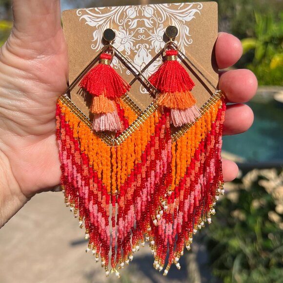 Handmade Beaded Long Tassel Fringe Dangle Drop Bohemian Post Diamond Earrings - Picture 3 of 9